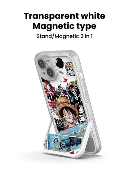 One Piece Luffy Anime Magnetic Phone Case with Built-in Foldable Kickstand, MagSafe Compatible Shockproof Protective Cover, Transparent Cartoon Luffy Print Phone Case, Anime Merch Gift for iPhone
