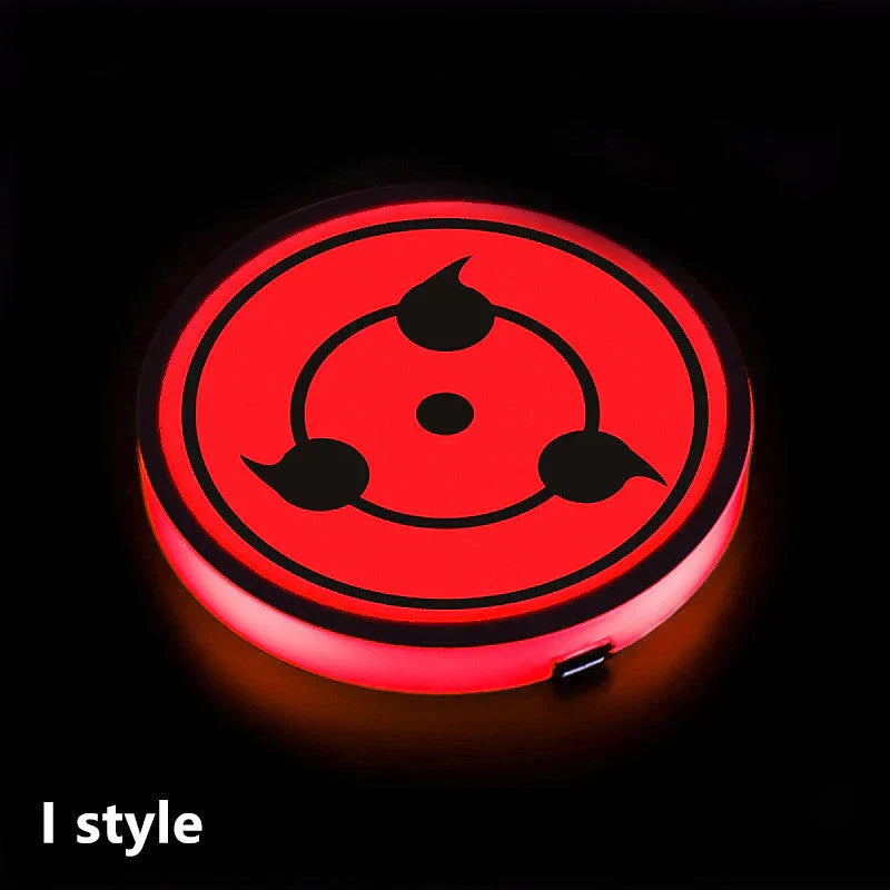 Naruto One Piece Car Accessory Gift，Anime Sharingan LED Car Cup Holder Coaster, Intelligent Sensor Light Up Cup Mat, USB Rechargeable, Multi-Color Changing Car Interior Decor.