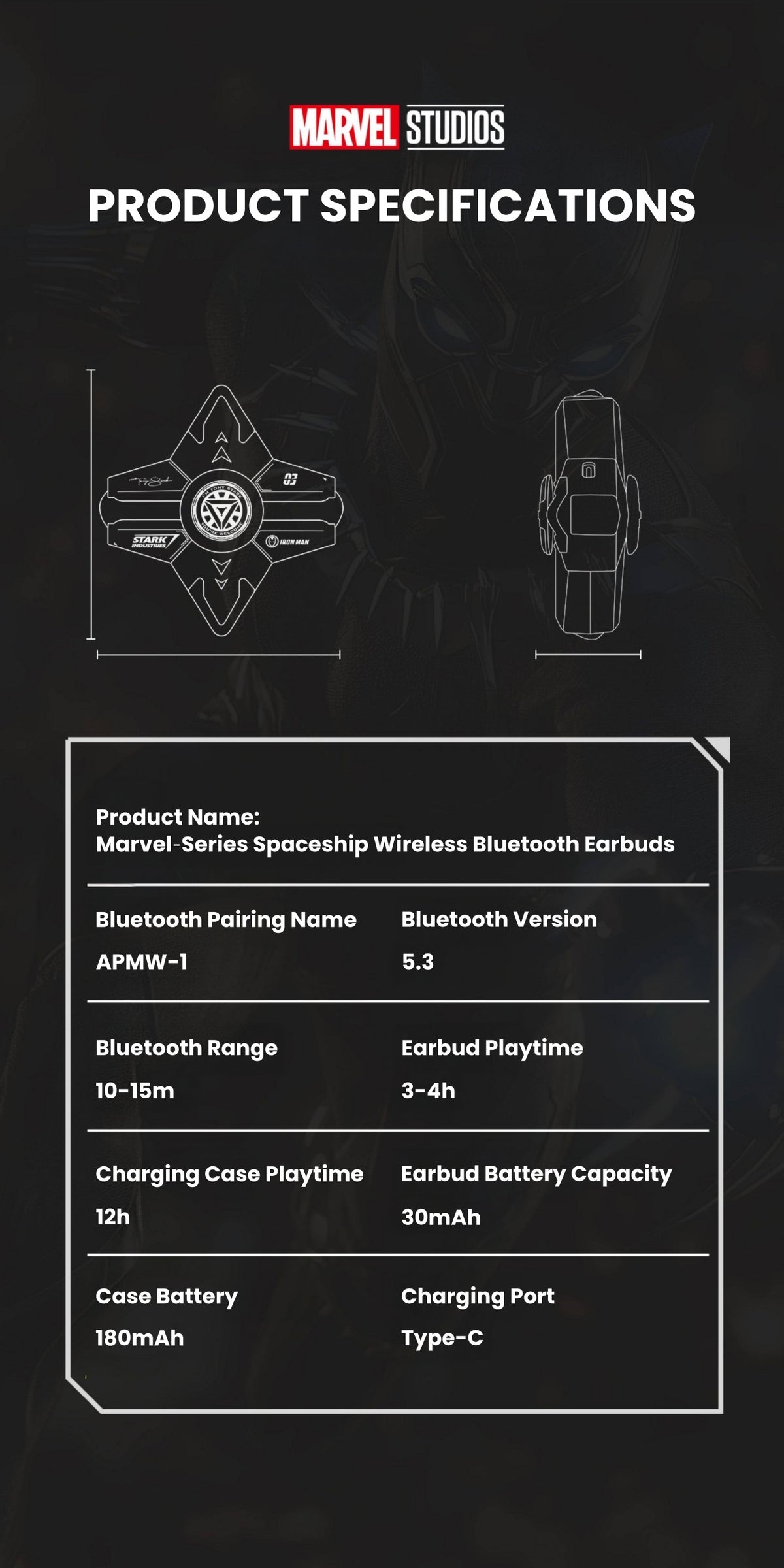 Marvel Iron Man Black Panther TWS Wireless Bluetooth 5.3 Earbuds Fidget Spinner Charging Case Rotating Magnetic Storage Spaceship Design LED Light Type-C HiFi Stereo In-Ear Headphones Stress Relief Gift For Fans