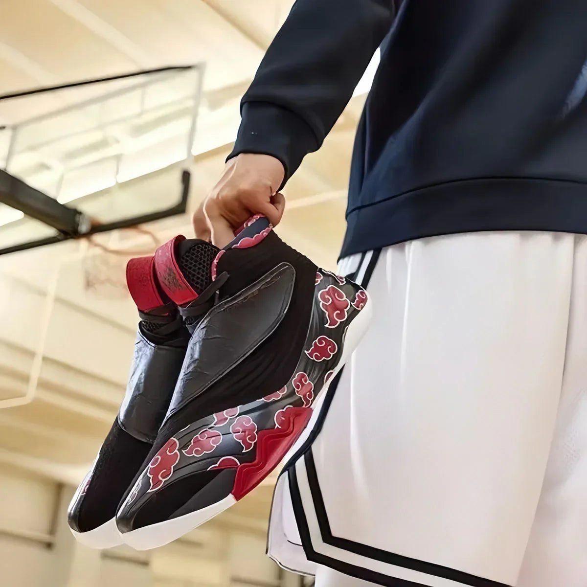 Men High Top Naruto Anime Basketball Shoes, Akatsuki Red Cloud Print Breathable Mesh Non Slip Rubber Outsole Cushioning Athletic Sneakers, Shock Absorption Sports Trainers for Indoor Outdoor Basketball Training Streetball