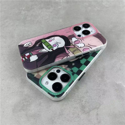 Demon Slayer Cute Chibi Tanjiro Nezuko Phone Case, Kawaii Cartoon Anime Protective Cover, Soft Shockproof Silicone Phone Shell for iPhone, Demon Slayer Manga Fan Merch Gift