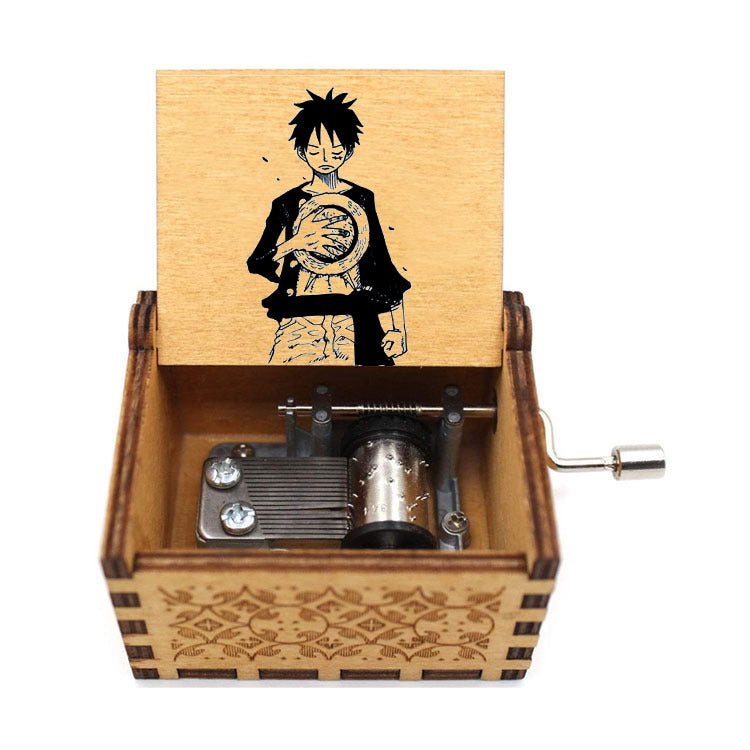 One Piece Anime Hand Crank Wooden Music Box, Straw Hat Pirates Luffy Crew Print Lid Engraved Musical Box, Classic Anime Theme Song, Manual Hand Crank No Battery, Anime Collectible Desk Decor Gift for Fans
