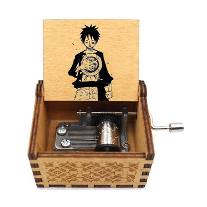 One Piece Anime Hand Crank Wooden Music Box, Straw Hat Pirates Luffy Crew Print Lid Engraved Musical Box, Classic Anime Theme Song, Manual Hand Crank No Battery, Anime Collectible Desk Decor Gift for Fans