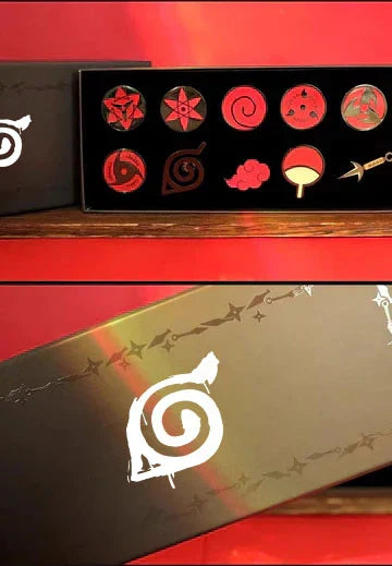 Naruto Anime Sharingan Metal Pin Badge Set, Leaf Village Symbol Akatsuki Cloud Uchiha Brooch Collection Box, Ninja Kunai Pendant, Cosplay Lapel Pins, Collectible Gift for Naruto Anime Fans Teens Adults