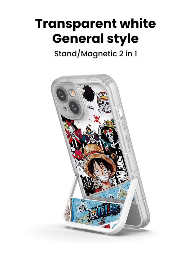 One Piece Luffy Anime Magnetic Phone Case with Built-in Foldable Kickstand, MagSafe Compatible Shockproof Protective Cover, Transparent Cartoon Luffy Print Phone Case, Anime Merch Gift for iPhone