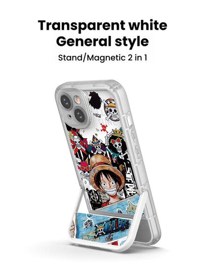 One Piece Luffy Anime Magnetic Phone Case with Built-in Foldable Kickstand, MagSafe Compatible Shockproof Protective Cover, Transparent Cartoon Luffy Print Phone Case, Anime Merch Gift for iPhone