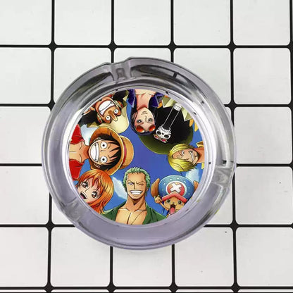 One Piece Anime Glass Ashtray, Luffy Zoro Ace Sanji Round Cigarette Ashtray, Portable Clear Glass Ash Tray with Character Print, Desktop Decor Collectible Gift for One Piece Fans