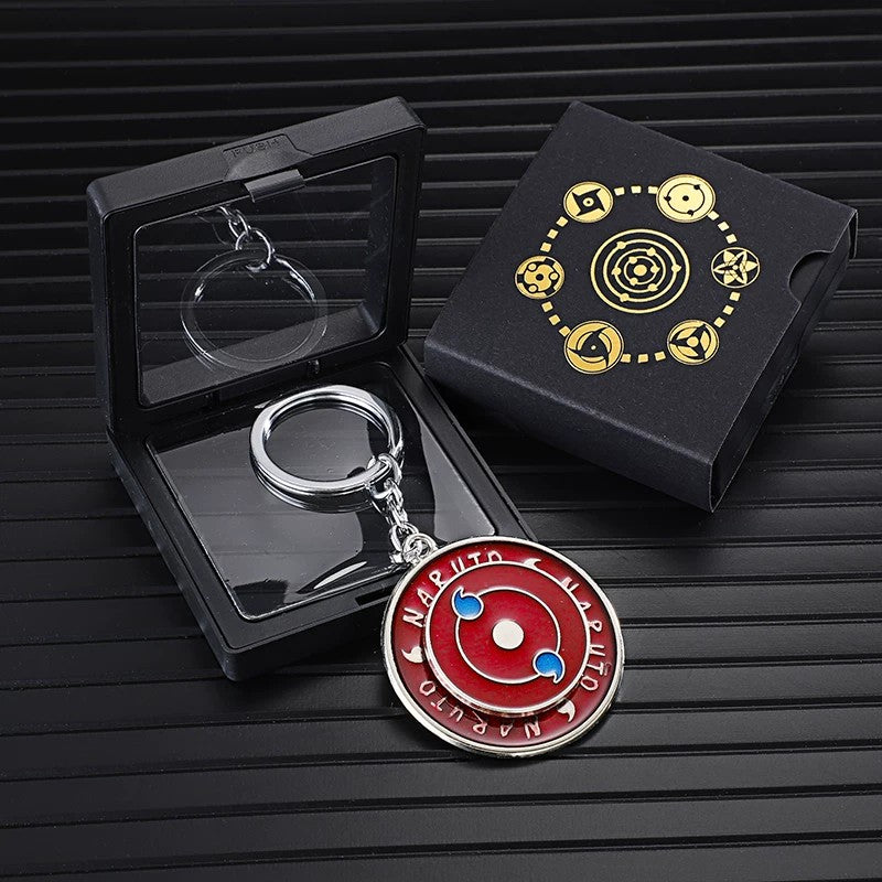 Naruto Anime Sharingan Rotatable Keychain, Uchiha Clan Rotating Sharingan Metal Key Ring, Akatsuki Red Cloud Pendant, Anime Cosplay Accessory, Collectible Key Chain Gift for Naruto Fans
