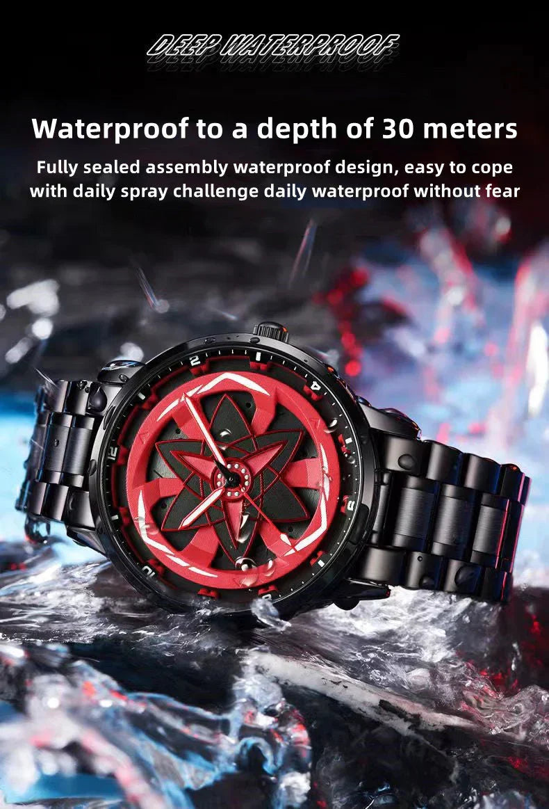 Naruto Sharingan Anime Watch for Men, Uchiha Sasuke Madara Rotating Sharingan Dial Wrist Watch, Stainless Steel Band Quartz Watch, Anime Cosplay Accessory, Collectible Gift for Naruto Fans