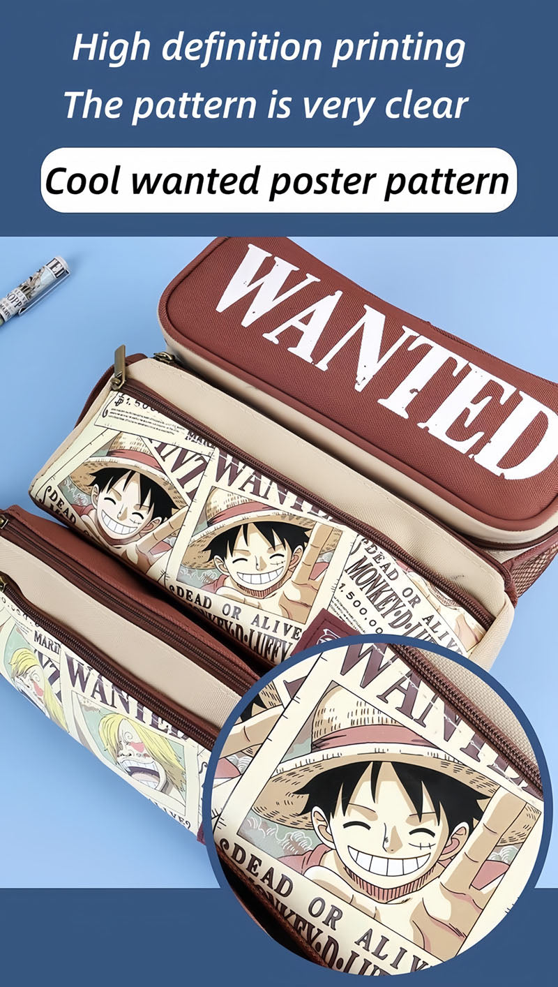 One Piece Anime Pencil Case, Luffy Zoro Sanji Chopper Wanted Poster Large Capacity Pen Bag, Multi-layer Canvas Stationery Storage Pouch, Anime School Supplies Gift for One Piece Fans