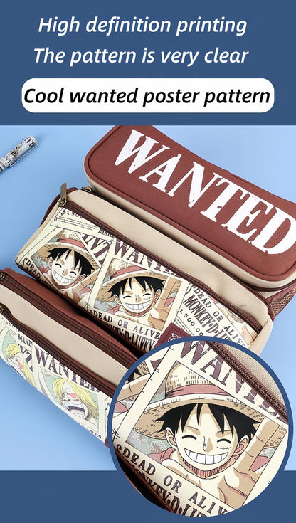 One Piece Anime Pencil Case, Luffy Zoro Sanji Chopper Wanted Poster Large Capacity Pen Bag, Multi-layer Canvas Stationery Storage Pouch, Anime School Supplies Gift for One Piece Fans