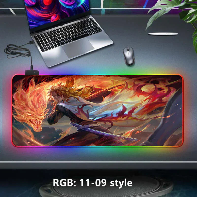 Demon Slayer RGB Gaming Mouse Pad, Large Extended Anime Desk Mat, LED Glowing Non-Slip Rubber Keyboard Pad, Multiple Nezuko Tanjiro Designs, Waterproof Desk Pad for PC Gamers