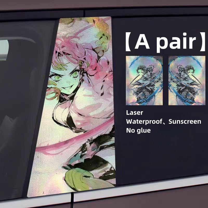 Demon Slayer Anime Car Window Pillar Decals, Laser Holographic Anime Character Car B Column Stickers, Waterproof PET Car Center Pillar Decor Stickers, 1 Pair Anime Car Accessories for Demon Slayer Fans