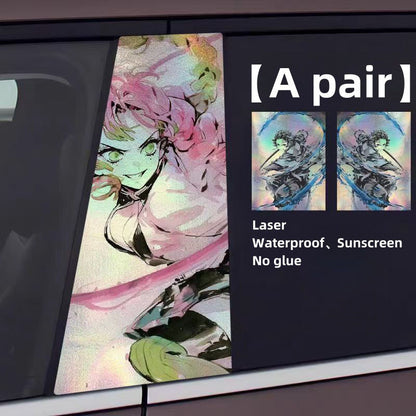 Demon Slayer Anime Car Window Pillar Decals, Laser Holographic Anime Character Car B Column Stickers, Waterproof PET Car Center Pillar Decor Stickers, 1 Pair Anime Car Accessories for Demon Slayer Fans