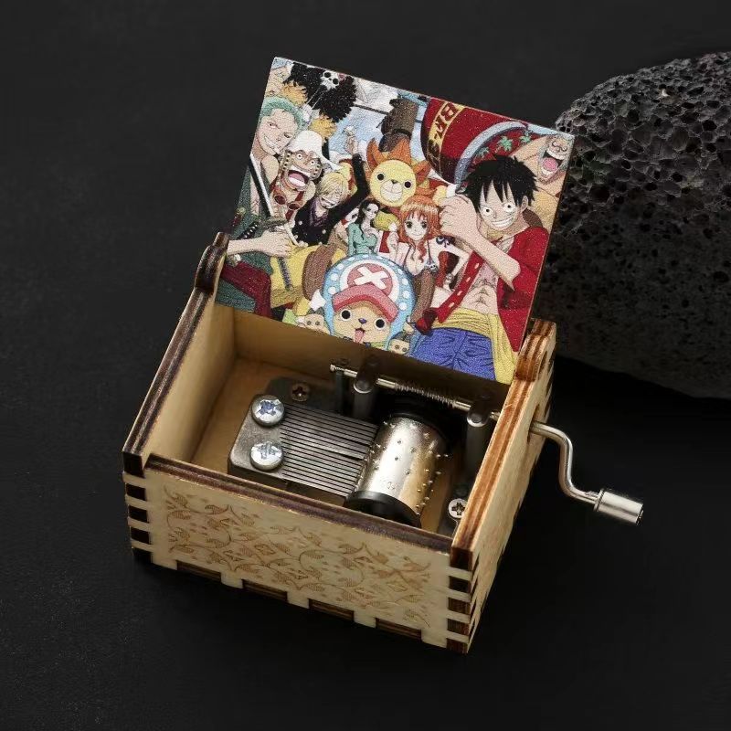 One Piece Anime Hand Crank Wooden Music Box, Straw Hat Pirates Luffy Crew Print Lid Engraved Musical Box, Classic Anime Theme Song, Manual Hand Crank No Battery, Anime Collectible Desk Decor Gift for Fans