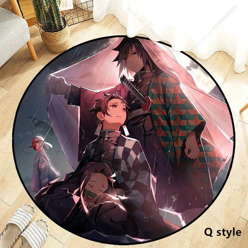 Demon Slayer Round Non-Slip Rug, Kimetsu no Yaiba Anime Character Circular Floor Mat, Soft Decorative Area Rug, Anti-Skid Carpet for Bedroom Living Room Entrance, Anime Merch Gift for Demon Slayer Fans