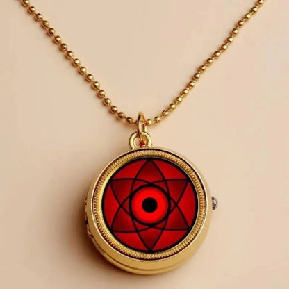 Naruto Sharingan Rotatable Pocket Watch Necklace, Anime Uchiha Clan Rotating Pendant Pocket Watch, Vintage Cosplay Jewelry Accessory, Collectible Gift for Naruto Anime Fans