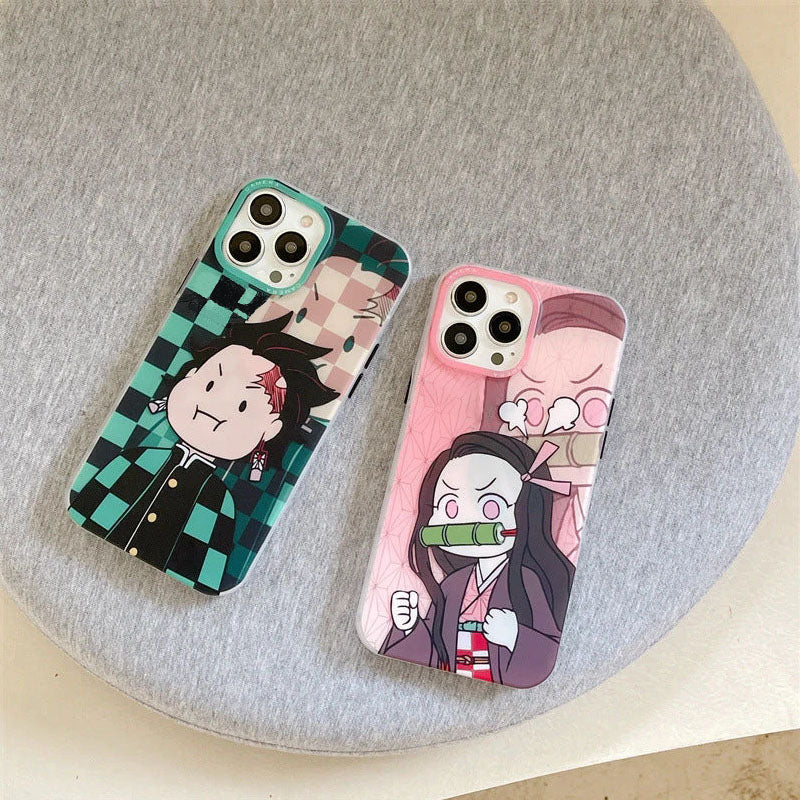 Demon Slayer Cute Chibi Tanjiro Nezuko Phone Case, Kawaii Cartoon Anime Protective Cover, Soft Shockproof Silicone Phone Shell for iPhone, Demon Slayer Manga Fan Merch Gift