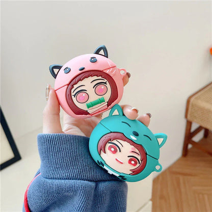 Demon Slayer Anime Airpods Case, Cute 3D Cartoon Silicone Protective Cover for AirPods 1/2, AirPods Pro 1/2, Tanjiro Nezuko Zenitsu Earphone Skin, Shockproof Earbud Case with Keychain, Anime Fan Gift