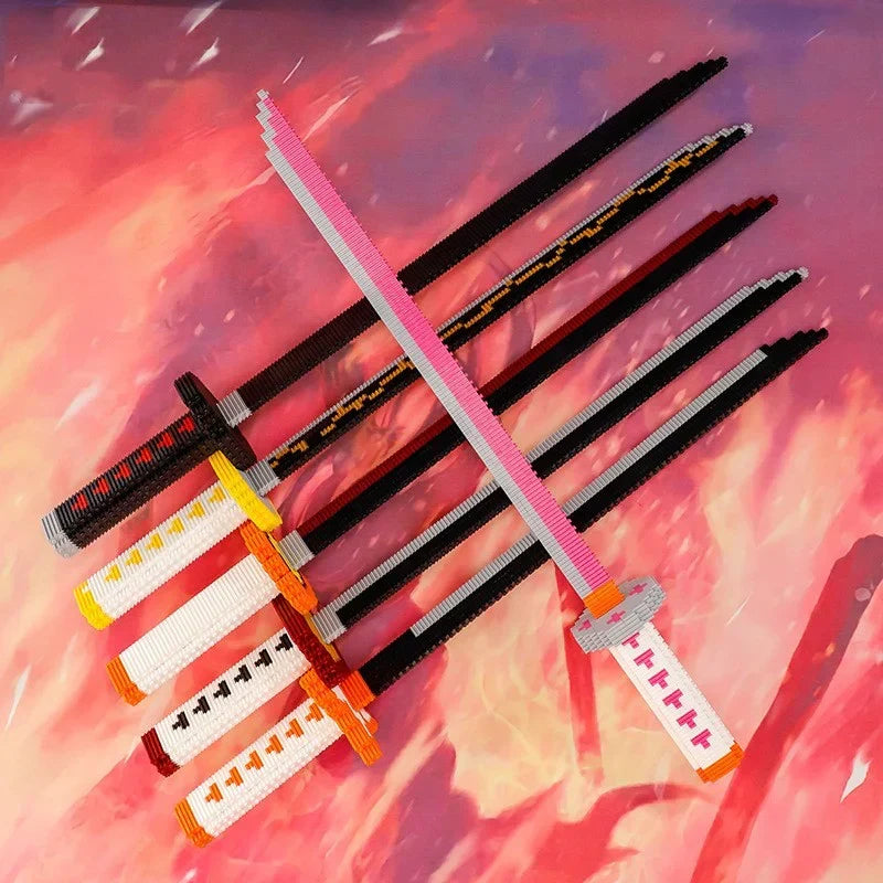 Demon Slayer Building Block Katana Sword, Anime Nichirin Sword Model Kit with Display Stand, Cosplay Prop Assembly Bricks, Tanjiro Zenitsu Giyuu Shinobu Sword Building Toy, Anime Collectible Decor Gift