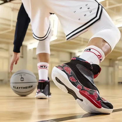Men High Top Naruto Anime Basketball Shoes, Akatsuki Red Cloud Print Breathable Mesh Non Slip Rubber Outsole Cushioning Athletic Sneakers, Shock Absorption Sports Trainers for Indoor Outdoor Basketball Training Streetball