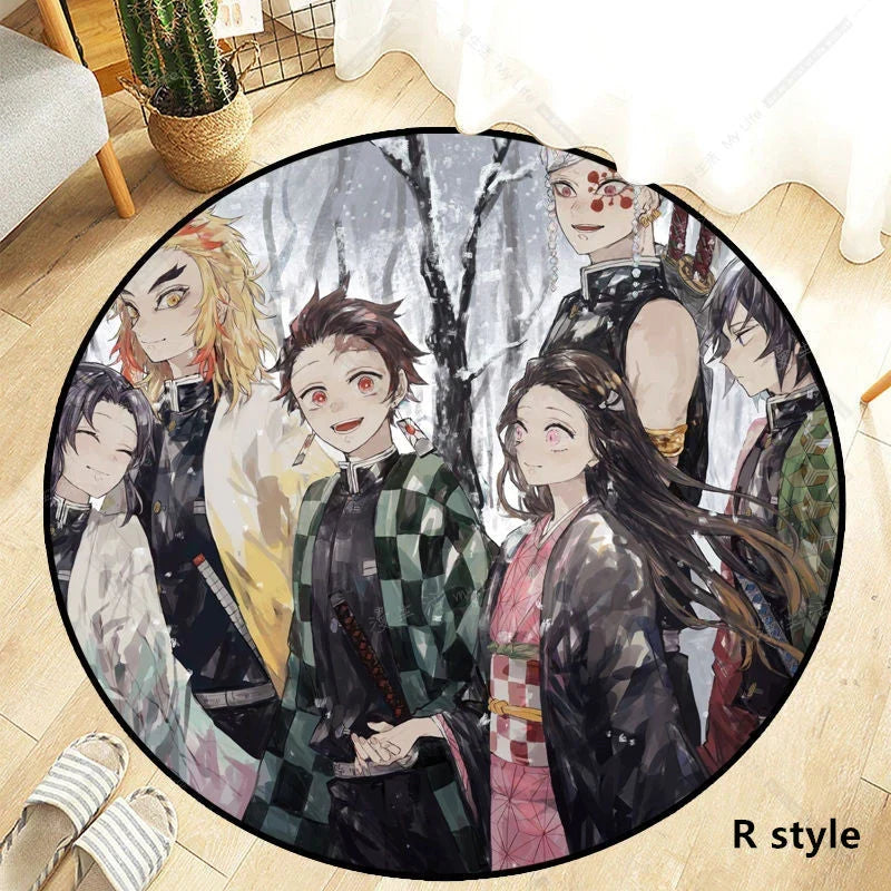 Demon Slayer Round Non-Slip Rug, Kimetsu no Yaiba Anime Character Circular Floor Mat, Soft Decorative Area Rug, Anti-Skid Carpet for Bedroom Living Room Entrance, Anime Merch Gift for Demon Slayer Fans