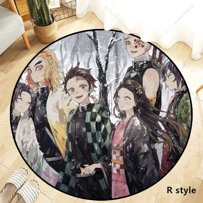 Demon Slayer Round Non-Slip Rug, Kimetsu no Yaiba Anime Character Circular Floor Mat, Soft Decorative Area Rug, Anti-Skid Carpet for Bedroom Living Room Entrance, Anime Merch Gift for Demon Slayer Fans