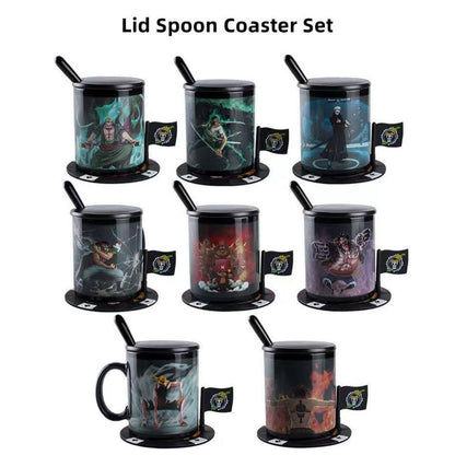 One Piece Heat Changing Magic Mug Set with Lid Spoon Coaster, Anime Luffy Zoro Ace Chopper Law Newgate Heat Sensitive Ceramic Coffee Cup, 11oz Color Changing Tea Mug, Hot Water Activated Cup, One Piece Fan Gift Box