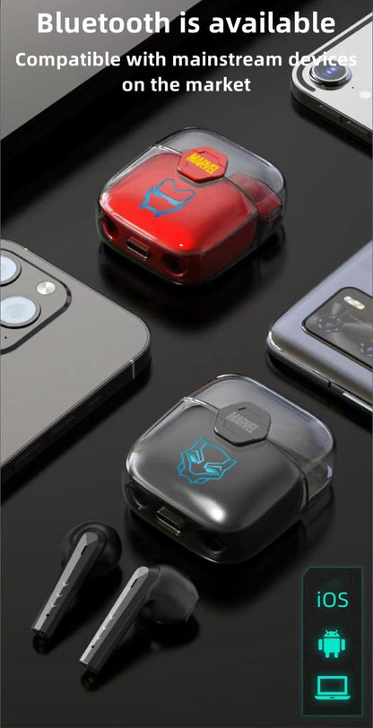 Marvel TWS True Wireless Bluetooth Earbuds, Iron Man Black Panther Semi In-ear Earphones, Transparent Charging Case Marvel Stereo Headphones, Portable Marvel Collectible Earbuds, Gift for Marvel Superhero Fans