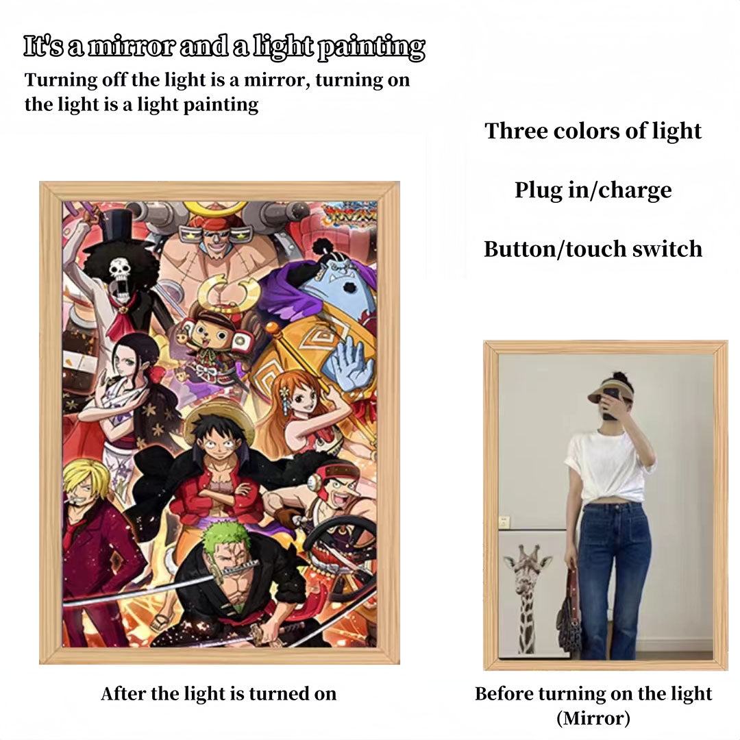 One Piece Anime LED Light Up Painting, Luffy Zoro Sanji Nami Framed Light Canvas Wall Art, Anime Poster Lamp, Wooden Frame Illuminated Wall Decor, One Piece Fan Room Decoration Gift