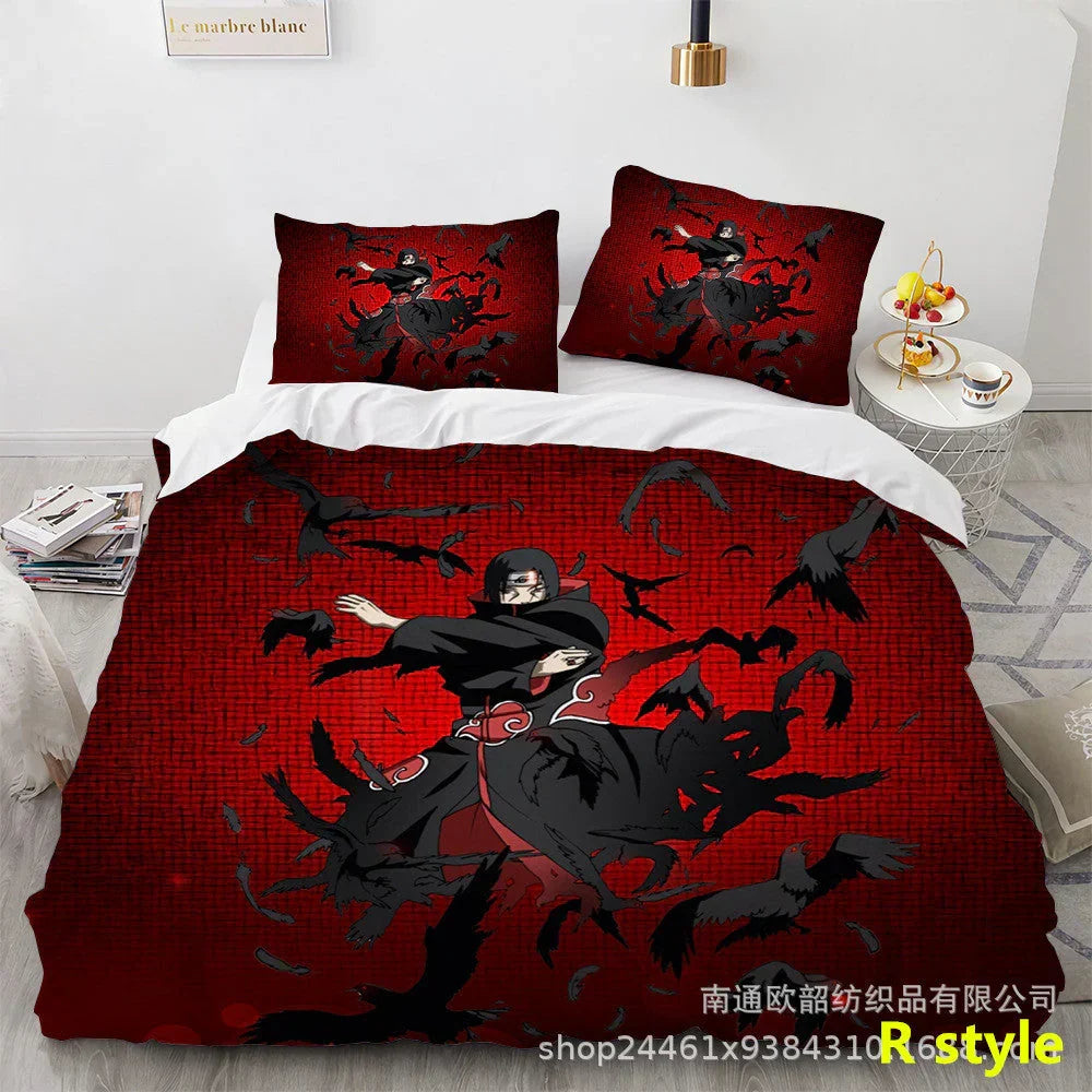 Naruto Anime Bedding Set, 3D Print Duvet Cover with Pillowcases, Akatsuki Red Cloud Comforter Cover Set, Soft Microfiber Bed Sheets, Bedroom Decor Gift for Naruto Fans