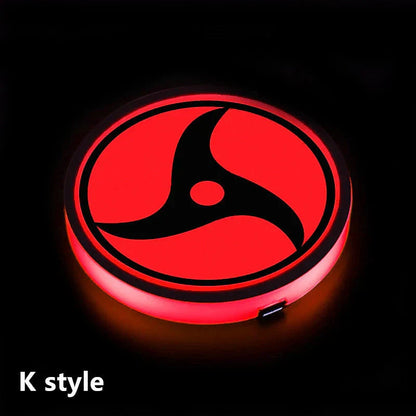 Naruto One Piece Car Accessory Gift，Anime Sharingan LED Car Cup Holder Coaster, Intelligent Sensor Light Up Cup Mat, USB Rechargeable, Multi-Color Changing Car Interior Decor.