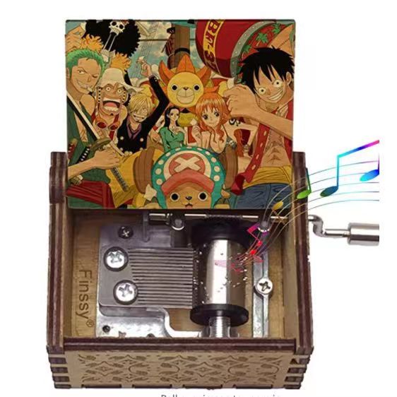 One Piece Anime Hand Crank Wooden Music Box, Straw Hat Pirates Luffy Crew Print Lid Engraved Musical Box, Classic Anime Theme Song, Manual Hand Crank No Battery, Anime Collectible Desk Decor Gift for Fans