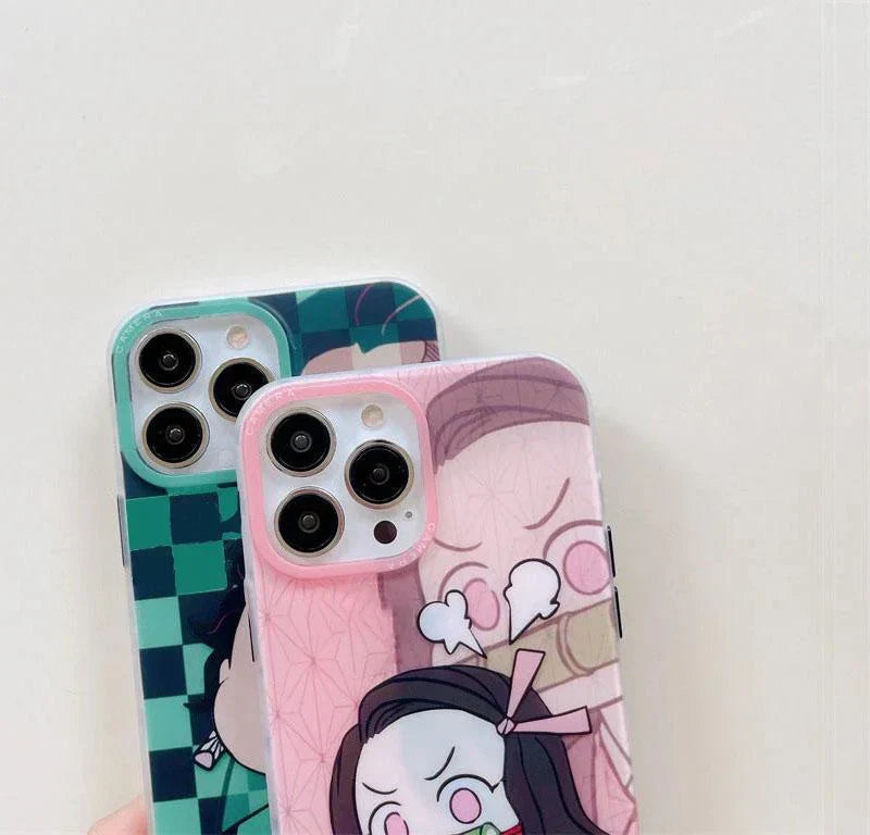 Demon Slayer Cute Chibi Tanjiro Nezuko Phone Case, Kawaii Cartoon Anime Protective Cover, Soft Shockproof Silicone Phone Shell for iPhone, Demon Slayer Manga Fan Merch Gift