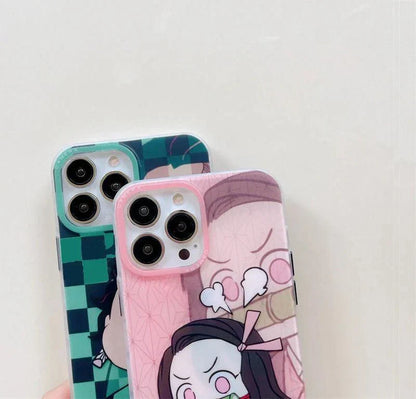 Demon Slayer Cute Chibi Tanjiro Nezuko Phone Case, Kawaii Cartoon Anime Protective Cover, Soft Shockproof Silicone Phone Shell for iPhone, Demon Slayer Manga Fan Merch Gift