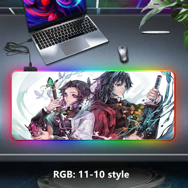 Demon Slayer RGB Gaming Mouse Pad, Large Extended Anime Desk Mat, LED Glowing Non-Slip Rubber Keyboard Pad, Multiple Nezuko Tanjiro Designs, Waterproof Desk Pad for PC Gamers