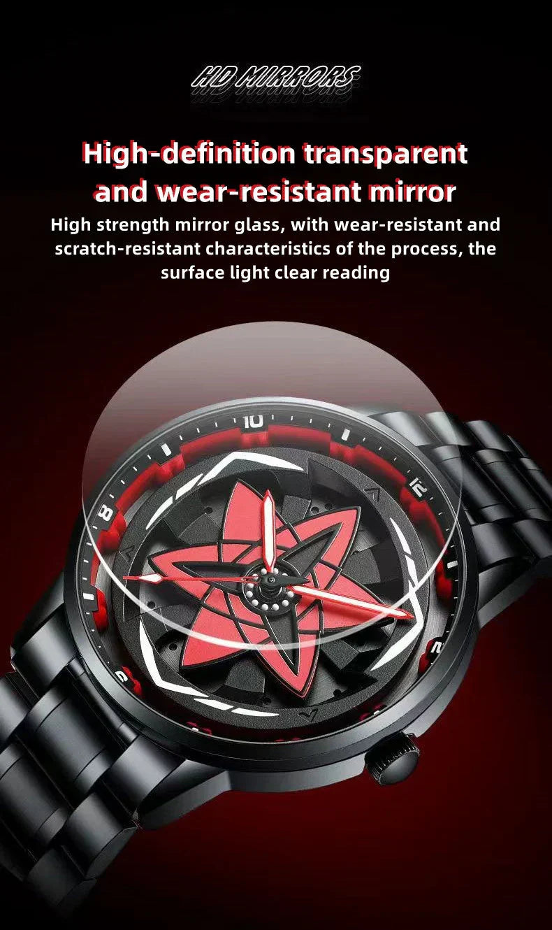 Naruto Sharingan Anime Watch for Men, Uchiha Sasuke Madara Rotating Sharingan Dial Wrist Watch, Stainless Steel Band Quartz Watch, Anime Cosplay Accessory, Collectible Gift for Naruto Fans