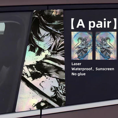 Demon Slayer Anime Car Window Pillar Decals, Laser Holographic Anime Character Car B Column Stickers, Waterproof PET Car Center Pillar Decor Stickers, 1 Pair Anime Car Accessories for Demon Slayer Fans