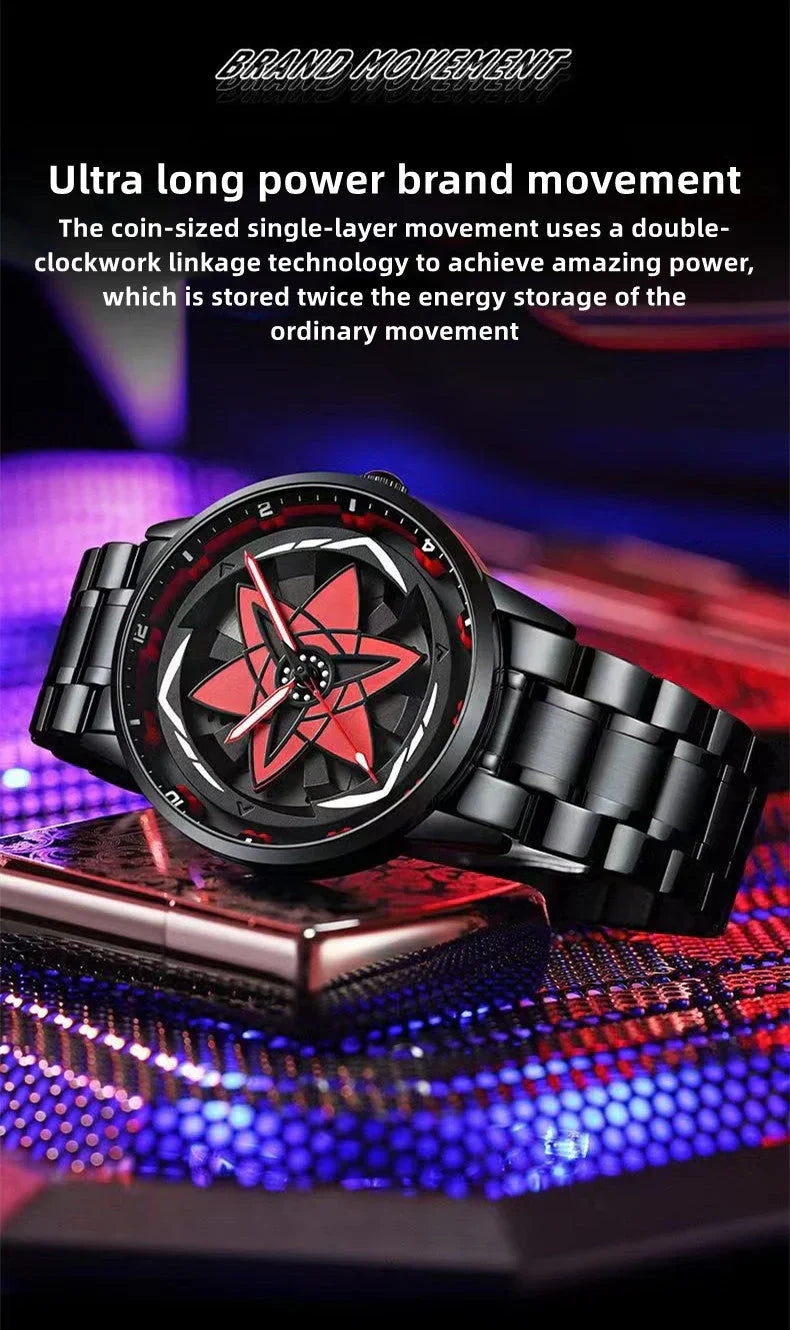 Naruto Sharingan Anime Watch for Men, Uchiha Sasuke Madara Rotating Sharingan Dial Wrist Watch, Stainless Steel Band Quartz Watch, Anime Cosplay Accessory, Collectible Gift for Naruto Fans