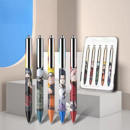 Naruto Anime Ballpoint Pen Set, 5 Pcs Character Printed Metal Gel Pens with Collectible Iron Gift Box, Naruto Sasuke Sakura Kakashi Itachi Stationery Set, Anime Merch School Writing Pens Gift for Naruto Fans