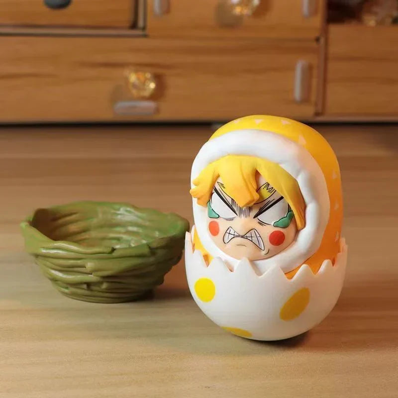 Demon Slayer Eggshell Tumbler Figure, Q Version Tanjiro Nezuko Zenitsu Inosuke Roly-poly Toy, Anime Character Mini Figurine with Nest Base, Desktop Decor Collectible Statue, Demon Slayer Fan Gift