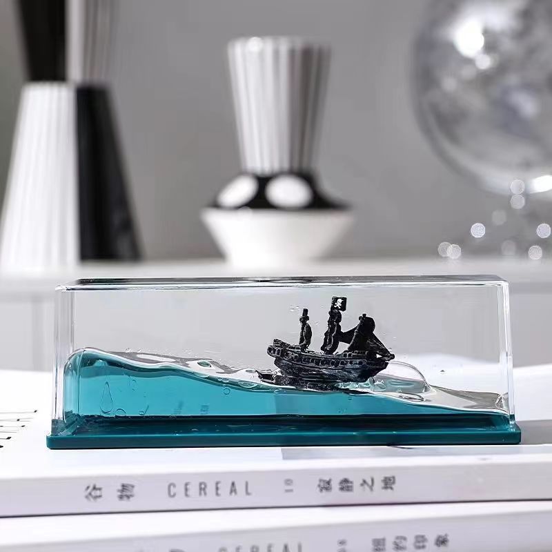 Liquid Wave Ship Resin Desk Ornament, Floating Boat in Fluid Sea Paperweight, Acrylic Dynamic Ocean Wave Ship Display Decor, Unique Nautical Souvenir Gift for Desk Home Decoration