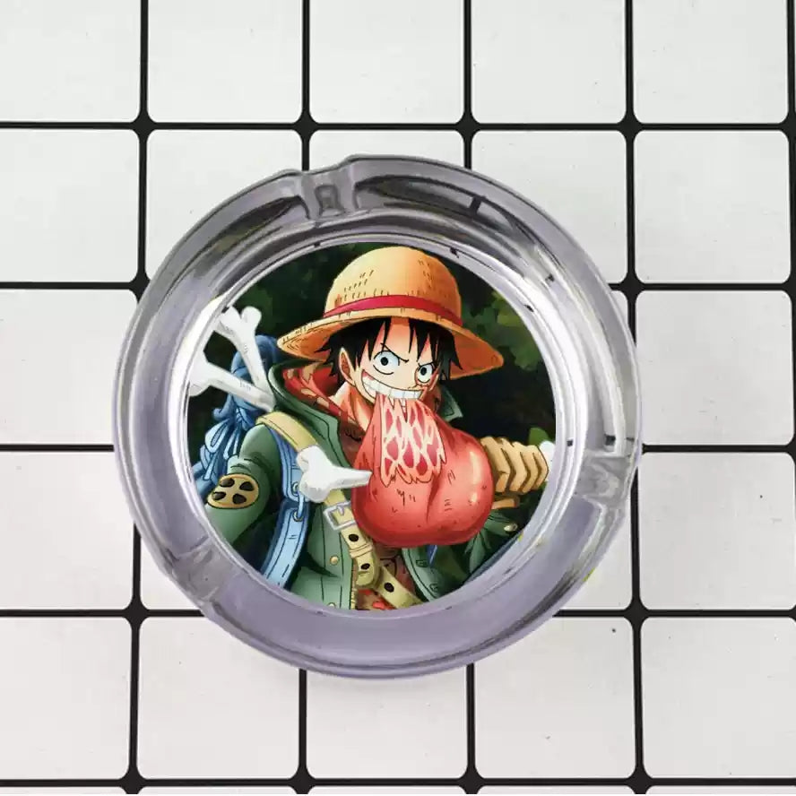 One Piece Anime Glass Ashtray, Luffy Zoro Ace Sanji Round Cigarette Ashtray, Portable Clear Glass Ash Tray with Character Print, Desktop Decor Collectible Gift for One Piece Fans