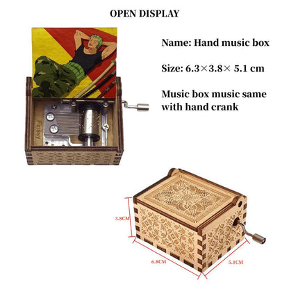 One Piece Anime Hand Crank Wooden Music Box, Straw Hat Pirates Luffy Crew Print Lid Engraved Musical Box, Classic Anime Theme Song, Manual Hand Crank No Battery, Anime Collectible Desk Decor Gift for Fans