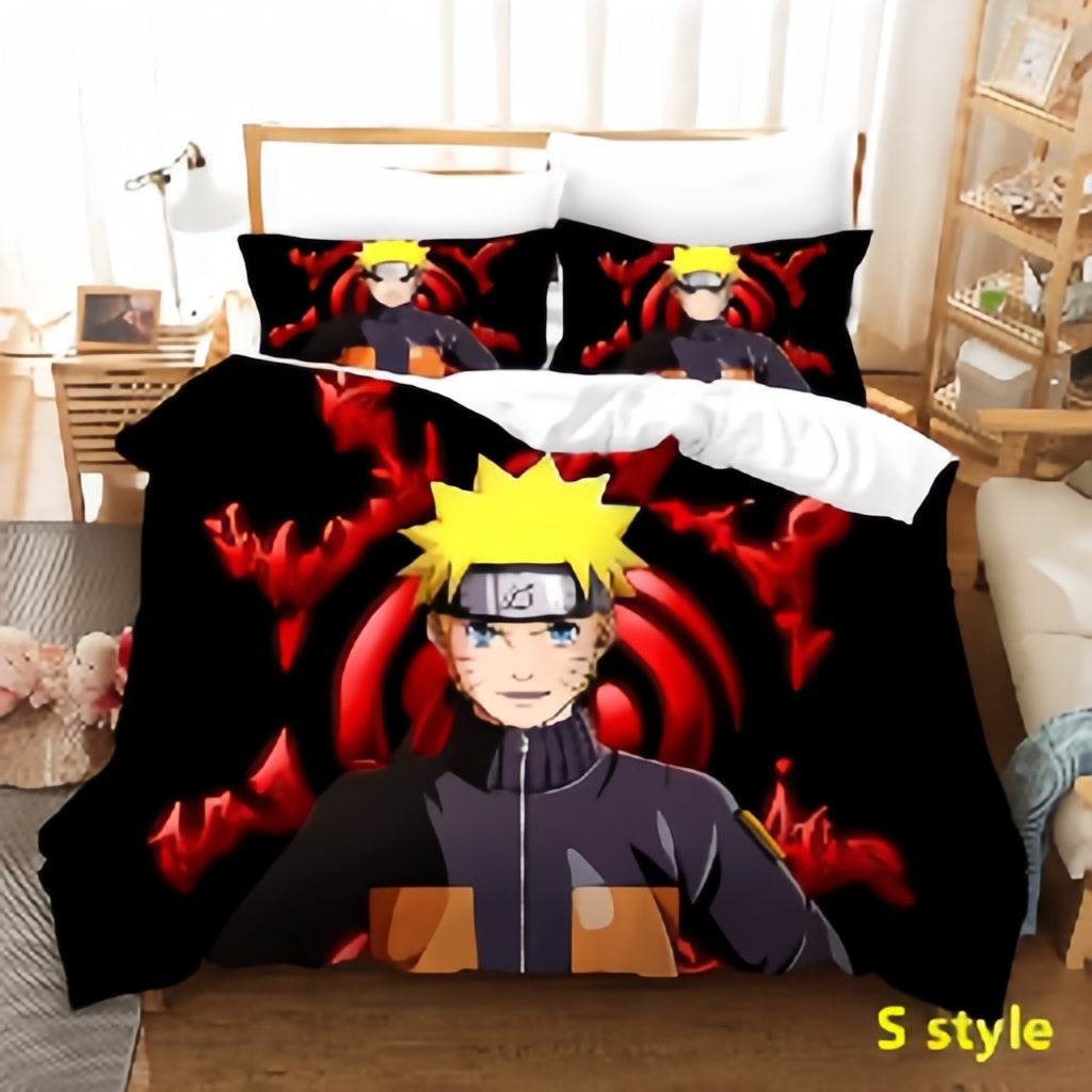 Naruto Anime Bedding Set, 3D Print Duvet Cover with Pillowcases, Akatsuki Red Cloud Comforter Cover Set, Soft Microfiber Bed Sheets, Bedroom Decor Gift for Naruto Fans