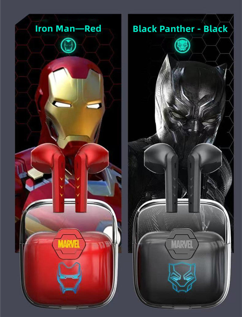Marvel TWS True Wireless Bluetooth Earbuds, Iron Man Black Panther Semi In-ear Earphones, Transparent Charging Case Marvel Stereo Headphones, Portable Marvel Collectible Earbuds, Gift for Marvel Superhero Fans