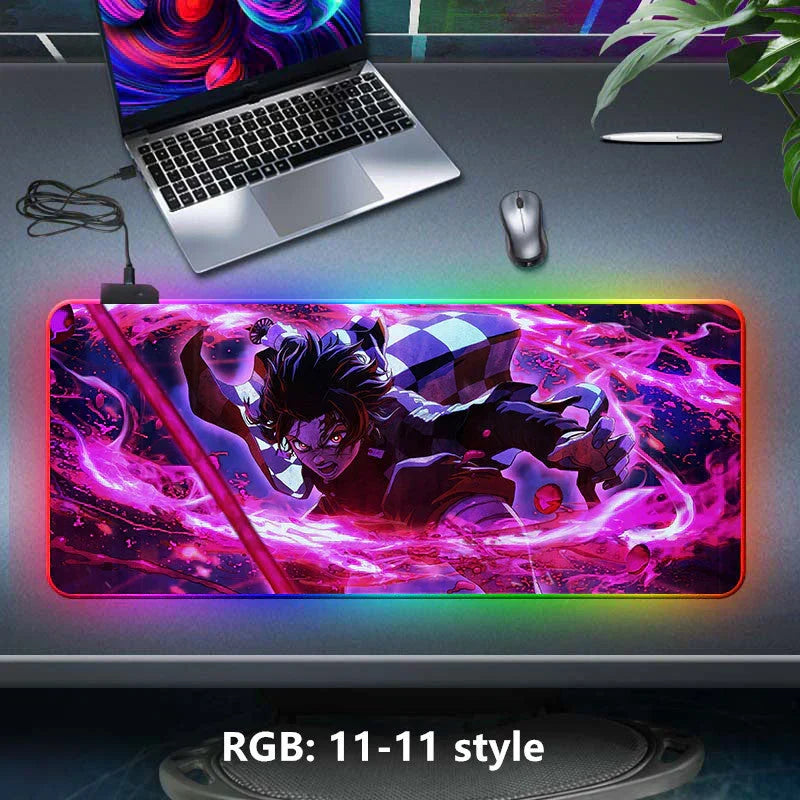 Demon Slayer RGB Gaming Mouse Pad, Large Extended Anime Desk Mat, LED Glowing Non-Slip Rubber Keyboard Pad, Multiple Nezuko Tanjiro Designs, Waterproof Desk Pad for PC Gamers