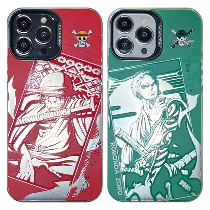 One Piece Luffy Zoro Anime Phone Case for iPhone, Manga Silver Foil Print Protective Cover, Straw Hat Pirates Character Phone Shell, Shockproof Slim Phone Case, Anime Gift for One Piece Fans