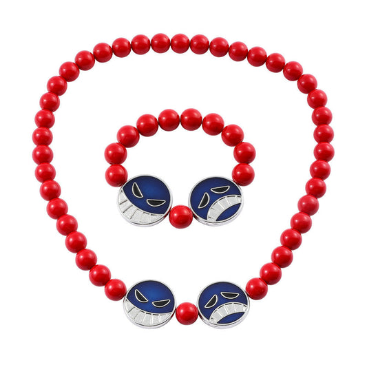 One Piece Portgas D Ace Beaded Necklace & Bracelet Set, Red Round Bead Anime Jewelry, Ace Hat Charm Pendant, Cosplay Costume Accessory, Collectible Gift for One Piece Ace Fans