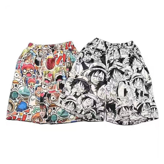 One Piece Anime All Over Print Shorts, Manga Panel Luffy Zoro Sanji Ace Graphic Shorts, Elastic Waist Summer Casual Beach Shorts, Anime Fan Loose Streetwear Sleep Shorts for Men